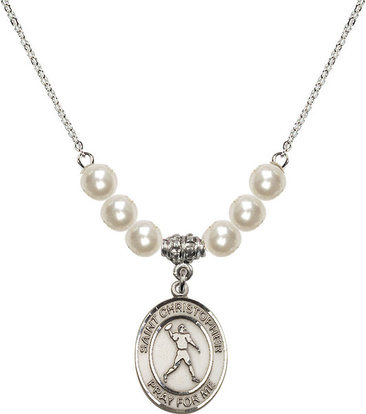 Sterling Silver Saint Christopher/Football Birthstone Necklace with Faux-Pearl Beads - 8151