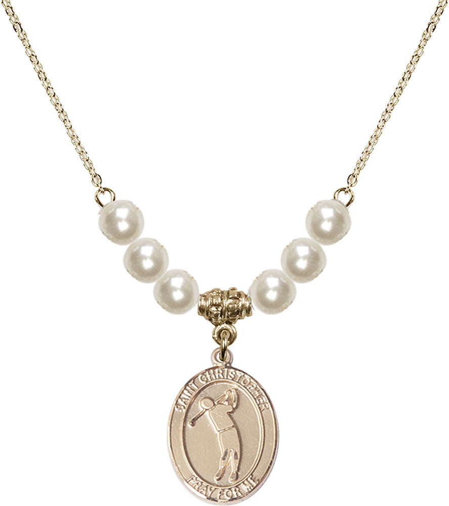 14kt Gold Filled Saint Christopher/Golf Birthstone Necklace with Faux-Pearl Beads - 8152