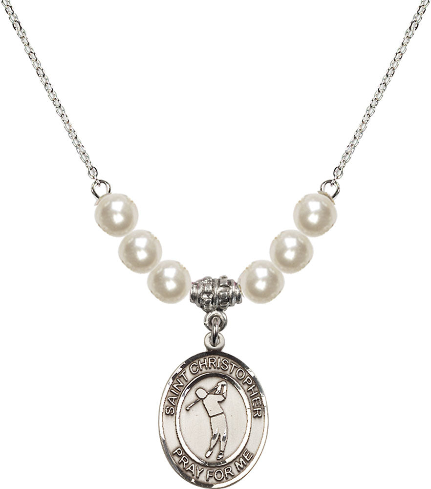 Sterling Silver Saint Christopher/Golf Birthstone Necklace with Faux-Pearl Beads - 8152