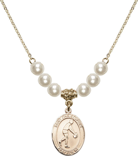 14kt Gold Filled Saint Christopher/Basketball Birthstone Necklace with Faux-Pearl Beads - 8153