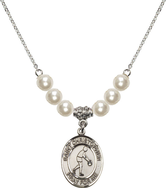 Sterling Silver Saint Christopher/Basketball Birthstone Necklace with Faux-Pearl Beads - 8153