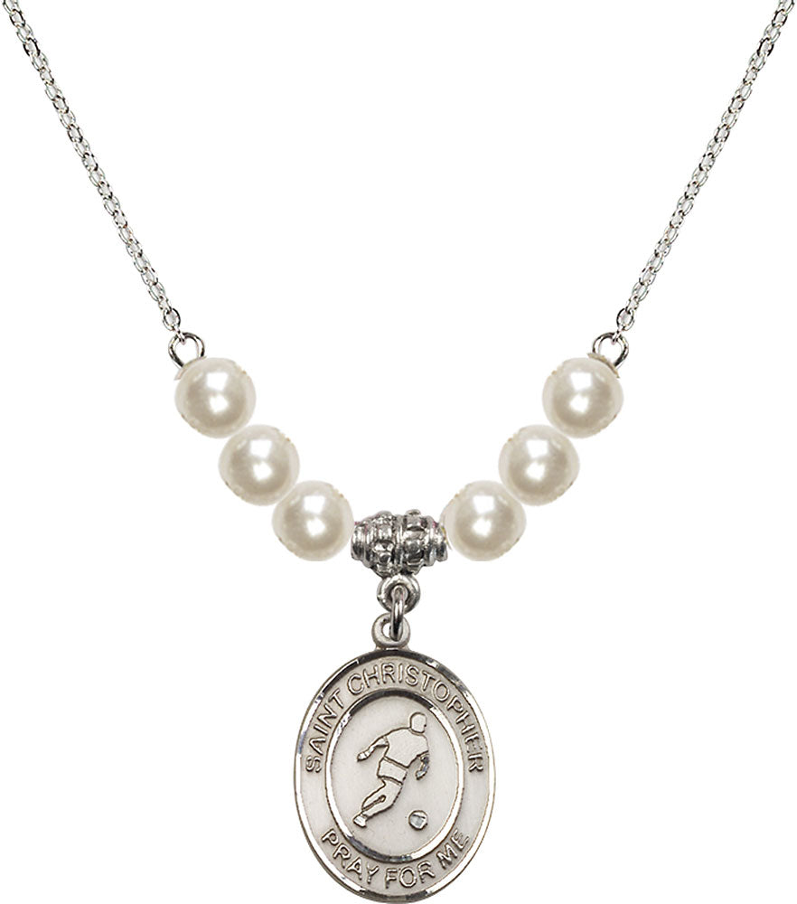 Sterling Silver Saint Christopher/Soccer Birthstone Necklace with Faux-Pearl Beads - 8154