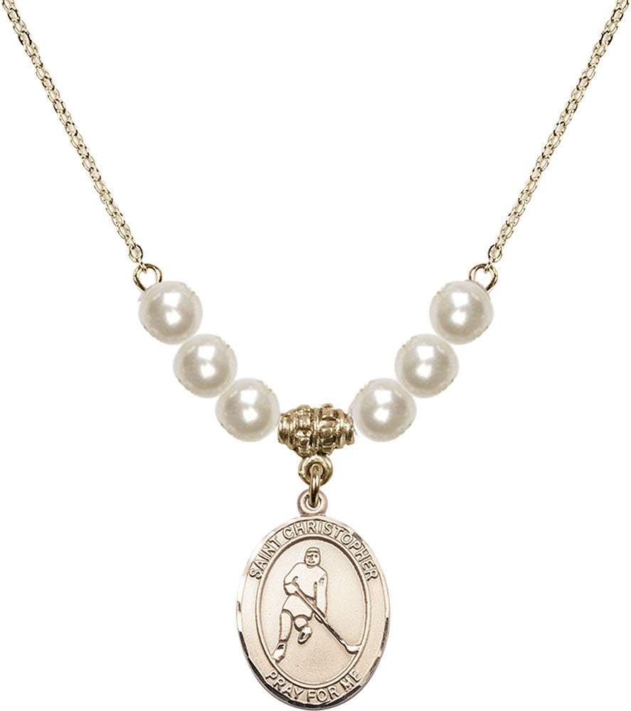 14kt Gold Filled Saint Christopher/Ice Hockey Birthstone Necklace with Faux-Pearl Beads - 8155
