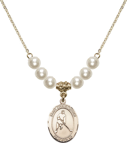 14kt Gold Filled Saint Christopher/Ice Hockey Birthstone Necklace with Faux-Pearl Beads - 8155