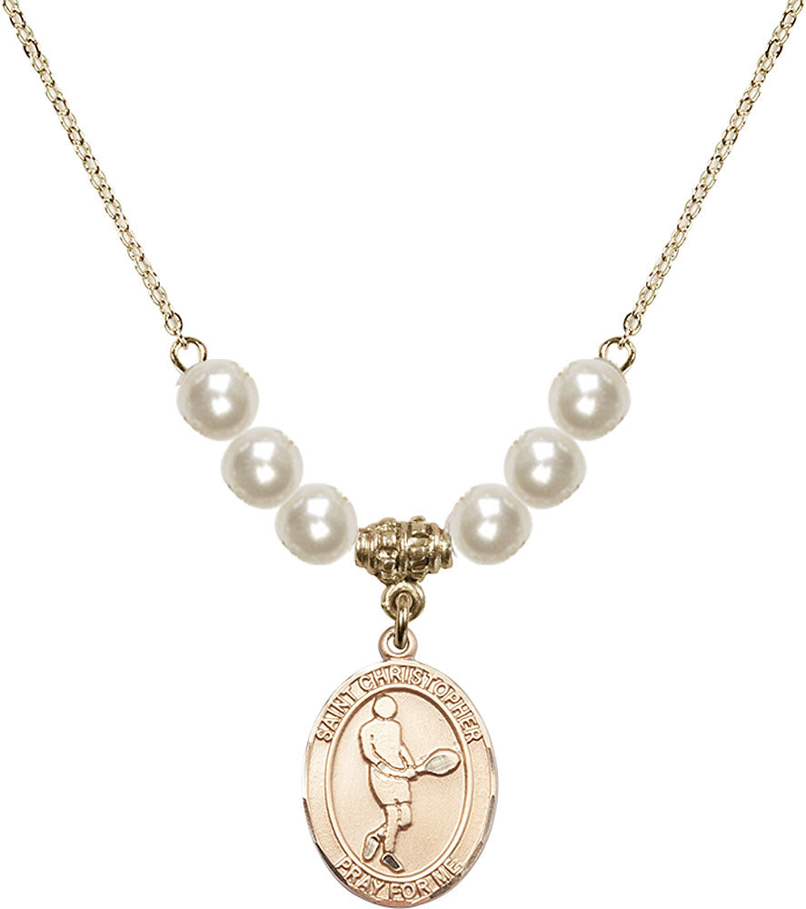 14kt Gold Filled Saint Christopher/Tennis Birthstone Necklace with Faux-Pearl Beads - 8156
