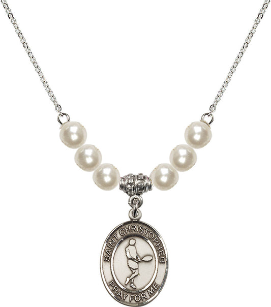 Sterling Silver Saint Christopher/Tennis Birthstone Necklace with Faux-Pearl Beads - 8156