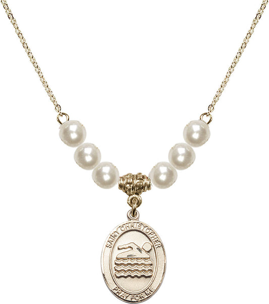 14kt Gold Filled Saint Christopher/Swimming Birthstone Necklace with Faux-Pearl Beads - 8157