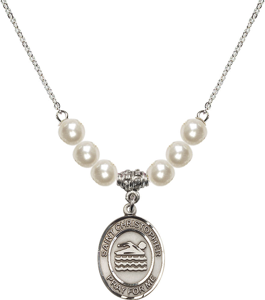 Sterling Silver Saint Christopher/Swimming Birthstone Necklace with Faux-Pearl Beads - 8157