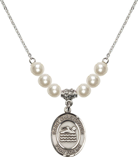 Sterling Silver Saint Christopher/Swimming Birthstone Necklace with Faux-Pearl Beads - 8157