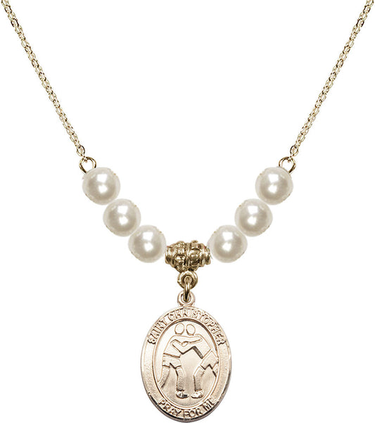 14kt Gold Filled Saint Christopher/Wrestling Birthstone Necklace with Faux-Pearl Beads - 8159