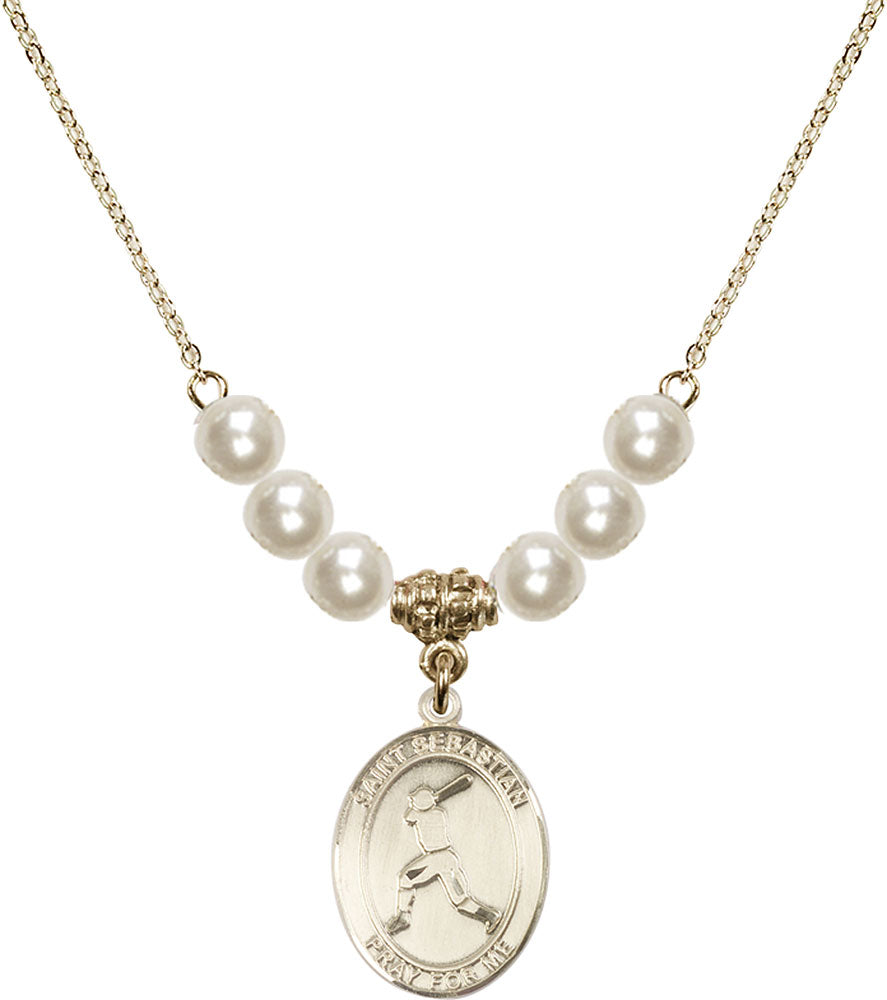 14kt Gold Filled Saint Sebastian/Baseball Birthstone Necklace with Faux-Pearl Beads - 8160