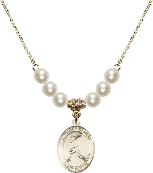 14kt Gold Filled Saint Sebastian/Baseball Birthstone Necklace with Faux-Pearl Beads - 8160