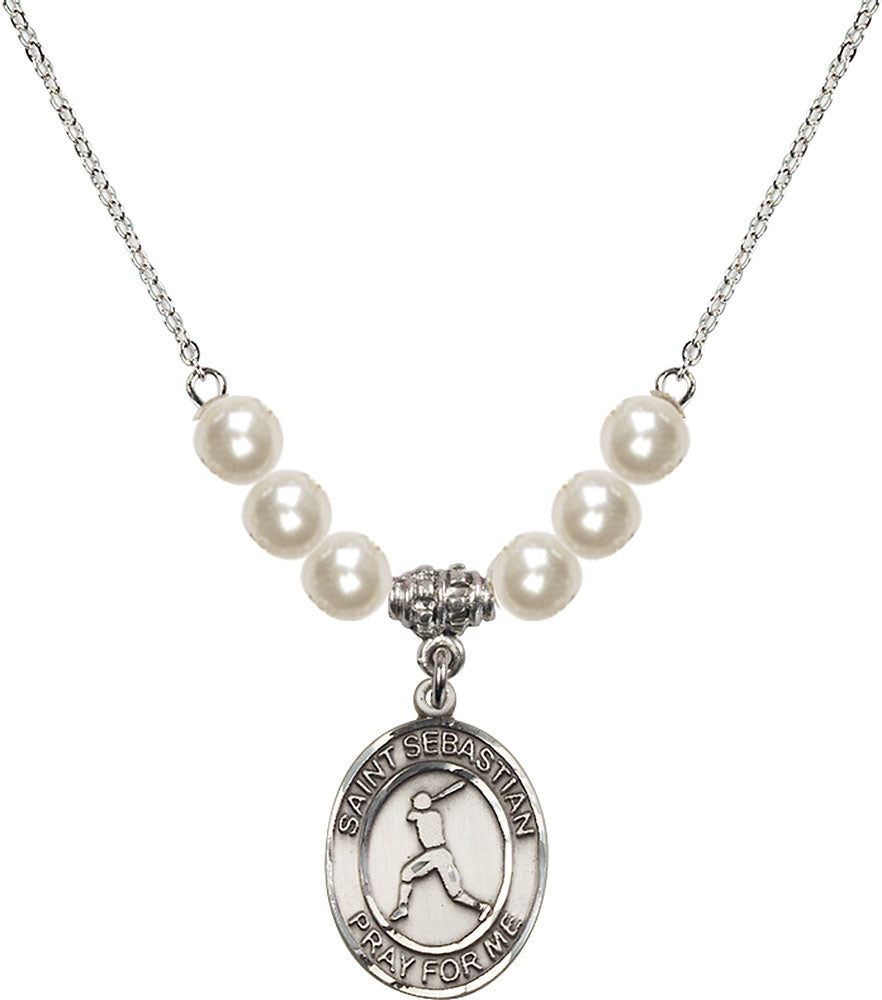 Sterling Silver Saint Sebastian/Baseball Birthstone Necklace with Faux-Pearl Beads - 8160