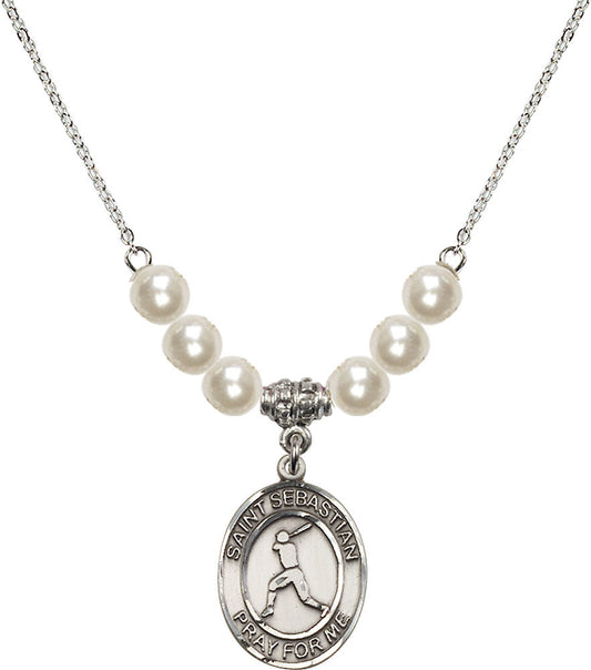 Sterling Silver Saint Sebastian/Baseball Birthstone Necklace with Faux-Pearl Beads - 8160