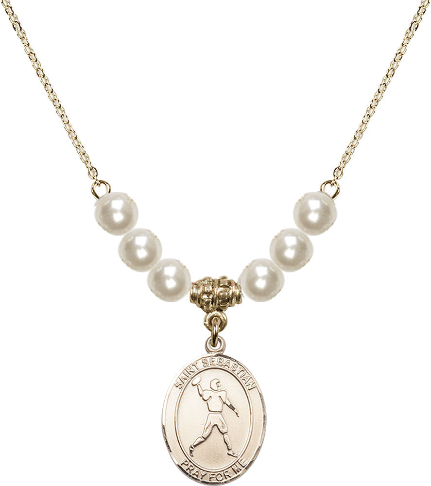14kt Gold Filled Saint Sebastian/Football Birthstone Necklace with Faux-Pearl Beads - 8161