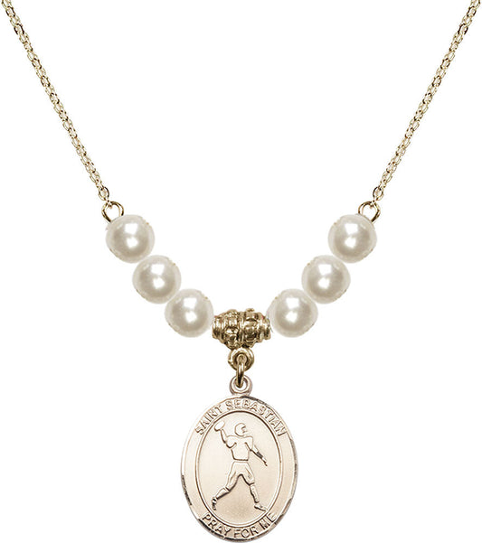 14kt Gold Filled Saint Sebastian/Football Birthstone Necklace with Faux-Pearl Beads - 8161