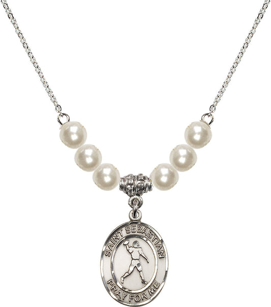 Sterling Silver Saint Sebastian/Football Birthstone Necklace with Faux-Pearl Beads - 8161
