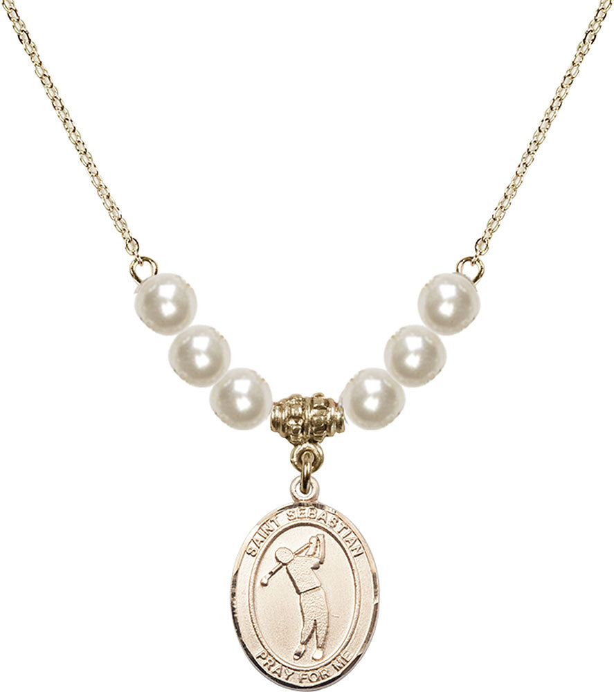 14kt Gold Filled Saint Sebastian/Golf Birthstone Necklace with Faux-Pearl Beads - 8162