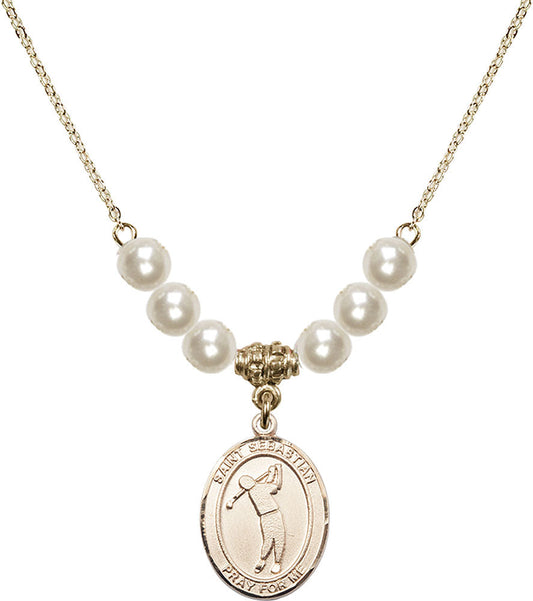 14kt Gold Filled Saint Sebastian/Golf Birthstone Necklace with Faux-Pearl Beads - 8162