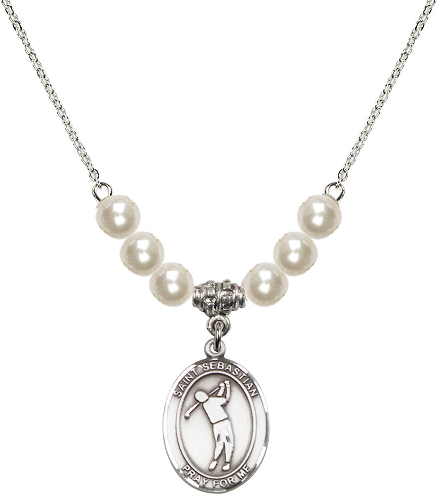 Sterling Silver Saint Sebastian/Golf Birthstone Necklace with Faux-Pearl Beads - 8162