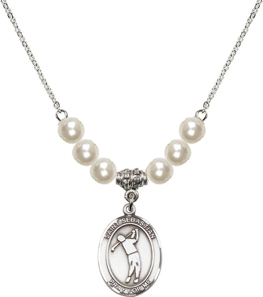 Sterling Silver Saint Sebastian/Golf Birthstone Necklace with Faux-Pearl Beads - 8162