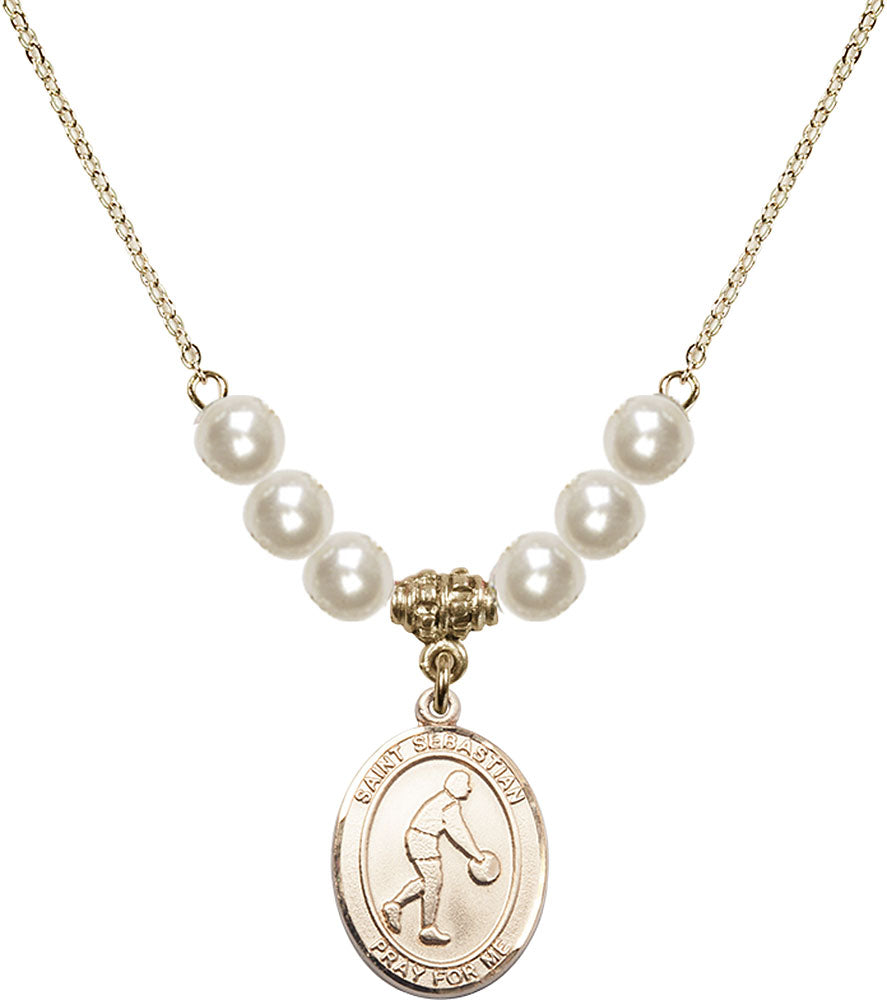 14kt Gold Filled Saint Sebastian/Basketball Birthstone Necklace with Faux-Pearl Beads - 8163