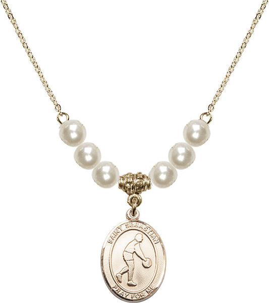 14kt Gold Filled Saint Sebastian/Basketball Birthstone Necklace with Faux-Pearl Beads - 8163