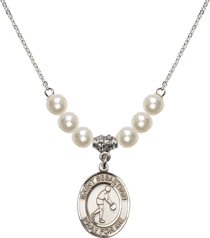 Sterling Silver Saint Sebastian/Basketball Birthstone Necklace with Faux-Pearl Beads - 8163
