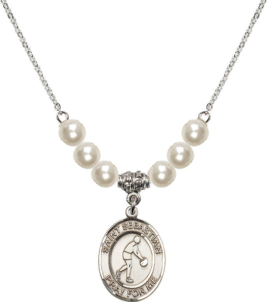 Sterling Silver Saint Sebastian/Basketball Birthstone Necklace with Faux-Pearl Beads - 8163