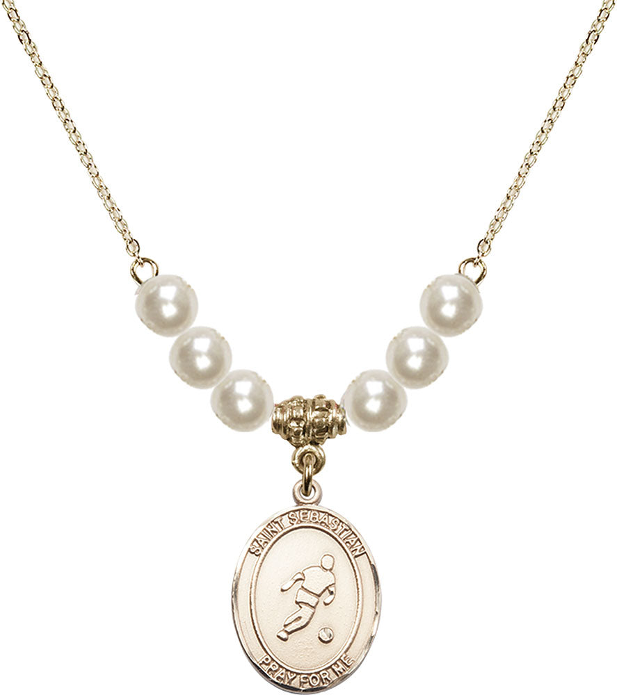 14kt Gold Filled Saint Sebastian/Soccer Birthstone Necklace with Faux-Pearl Beads - 8164