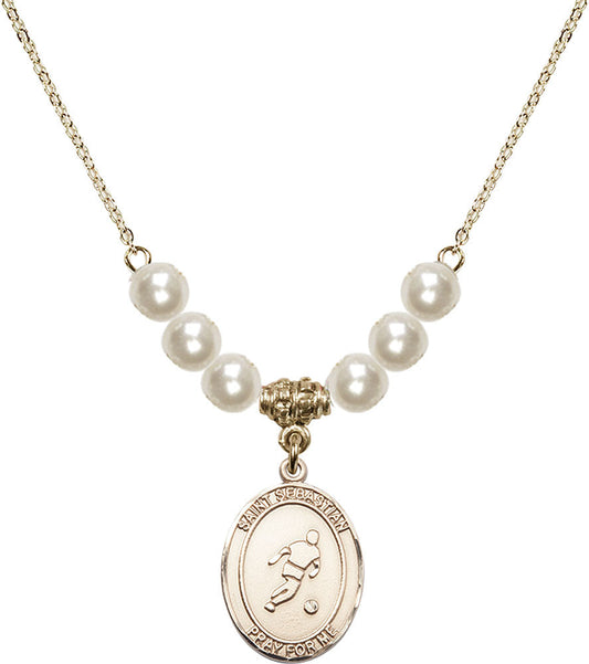 14kt Gold Filled Saint Sebastian/Soccer Birthstone Necklace with Faux-Pearl Beads - 8164