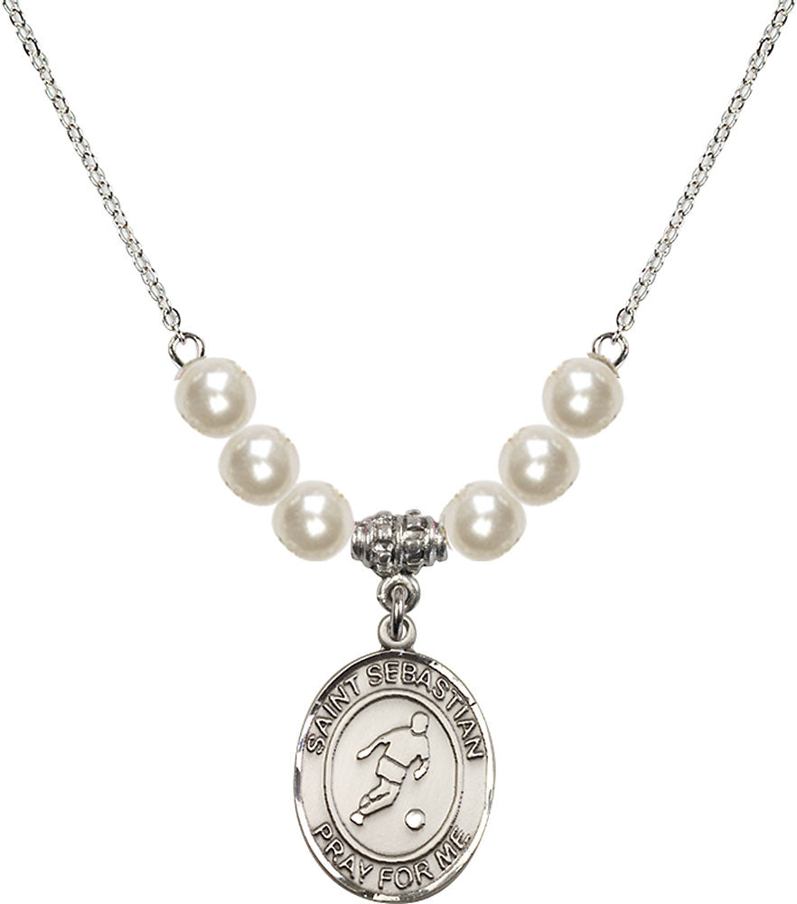 Sterling Silver Saint Sebastian/Soccer Birthstone Necklace with Faux-Pearl Beads - 8164