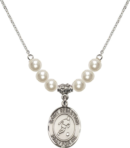 Sterling Silver Saint Sebastian/Soccer Birthstone Necklace with Faux-Pearl Beads - 8164