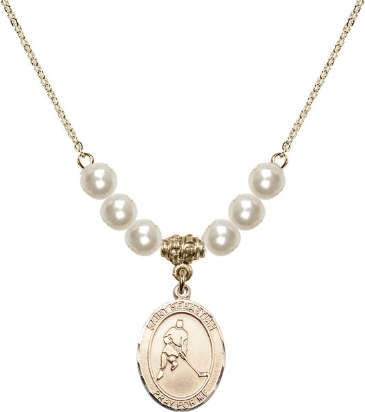 14kt Gold Filled Saint Sebastian/Ice Hockey Birthstone Necklace with Faux-Pearl Beads - 8165