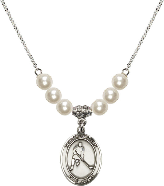 Sterling Silver Saint Sebastian/Ice Hockey Birthstone Necklace with Faux-Pearl Beads - 8165