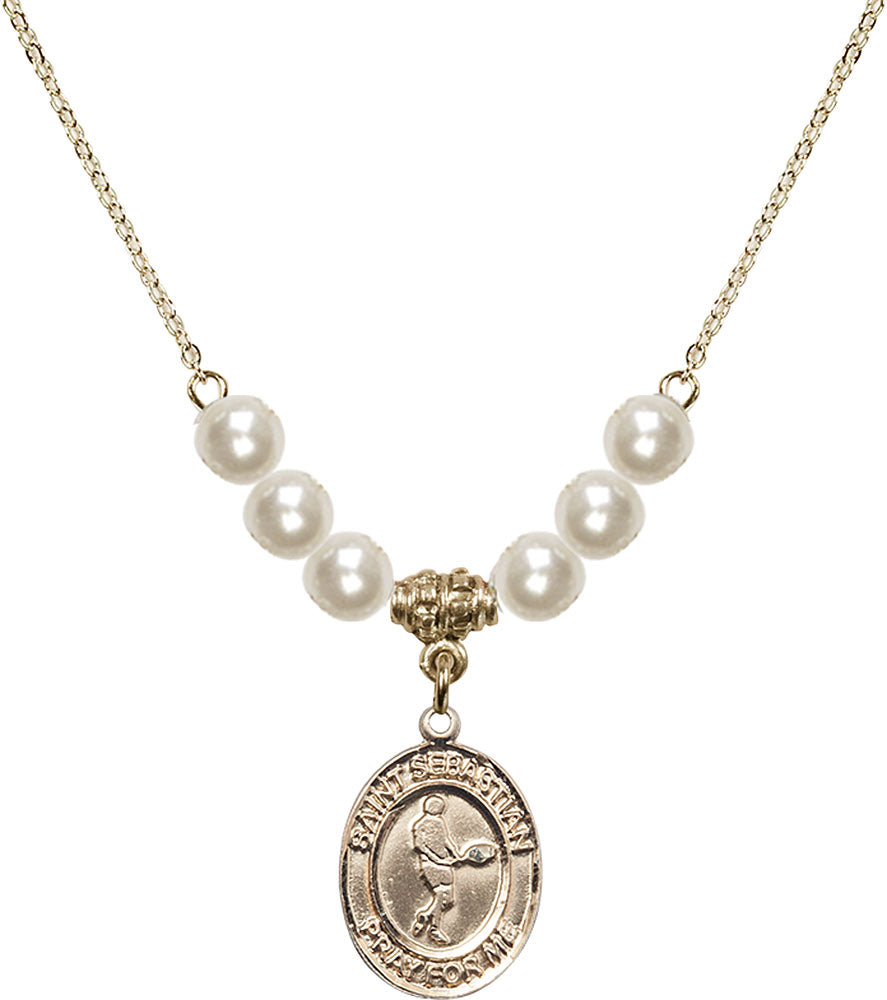 14kt Gold Filled Saint Sebastian/Tennis Birthstone Necklace with Faux-Pearl Beads - 8166