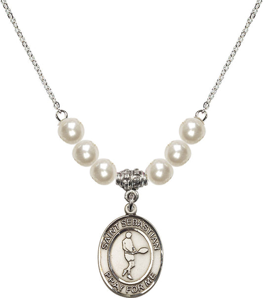Sterling Silver Saint Sebastian/Tennis Birthstone Necklace with Faux-Pearl Beads - 8166
