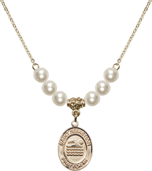14kt Gold Filled Saint Sebastian/Swimming Birthstone Necklace with Faux-Pearl Beads - 8167