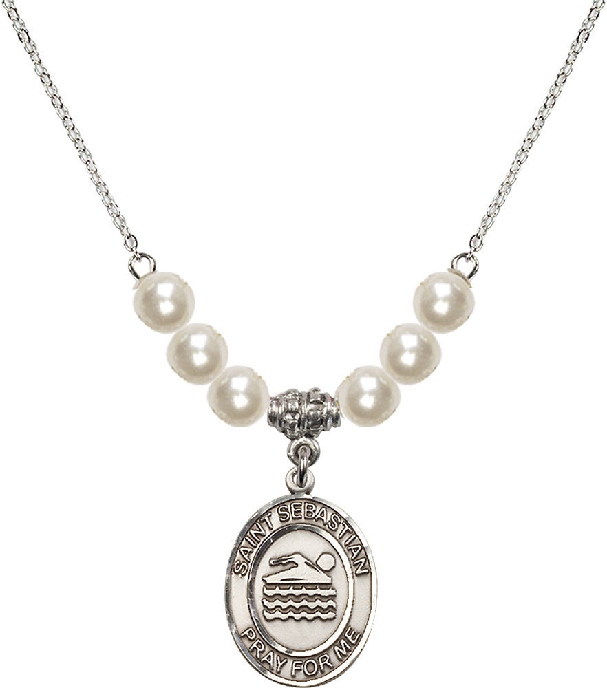 Sterling Silver Saint Sebastian/Swimming Birthstone Necklace with Faux-Pearl Beads - 8167