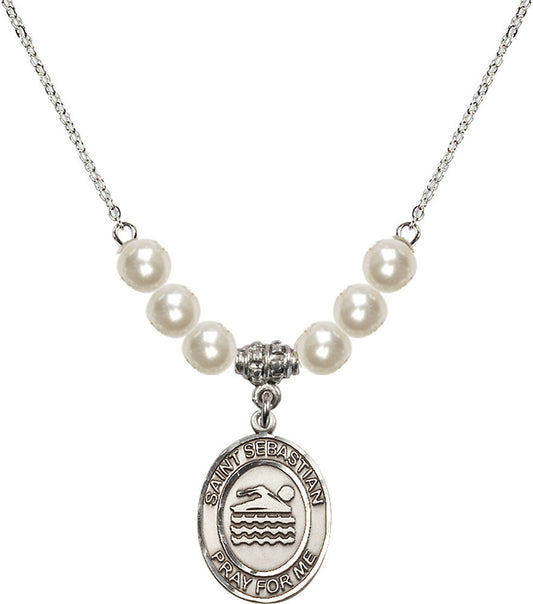 Sterling Silver Saint Sebastian/Swimming Birthstone Necklace with Faux-Pearl Beads - 8167