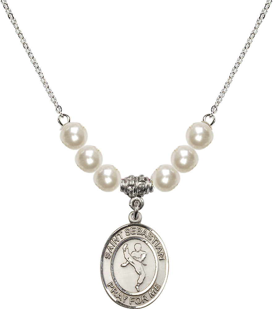 Sterling Silver Saint Sebastian/Martial Arts Birthstone Necklace with Faux-Pearl Beads - 8168