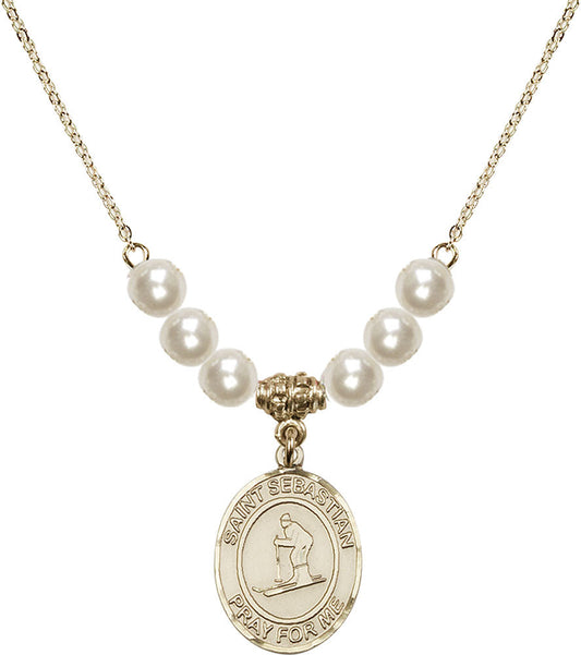 14kt Gold Filled Saint Sebastian/Skiing Birthstone Necklace with Faux-Pearl Beads - 8169