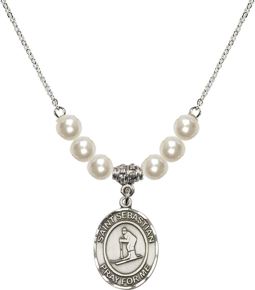 Sterling Silver Saint Sebastian/Skiing Birthstone Necklace with Faux-Pearl Beads - 8169