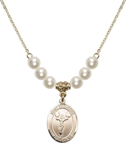 14kt Gold Filled Saint Sebastian/Cheerleading Birthstone Necklace with Faux-Pearl Beads - 8170