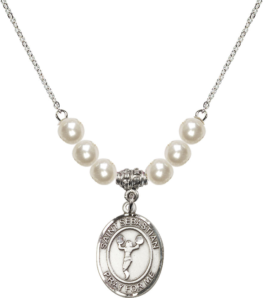 Sterling Silver Saint Sebastian/Cheerleading Birthstone Necklace with Faux-Pearl Beads - 8170