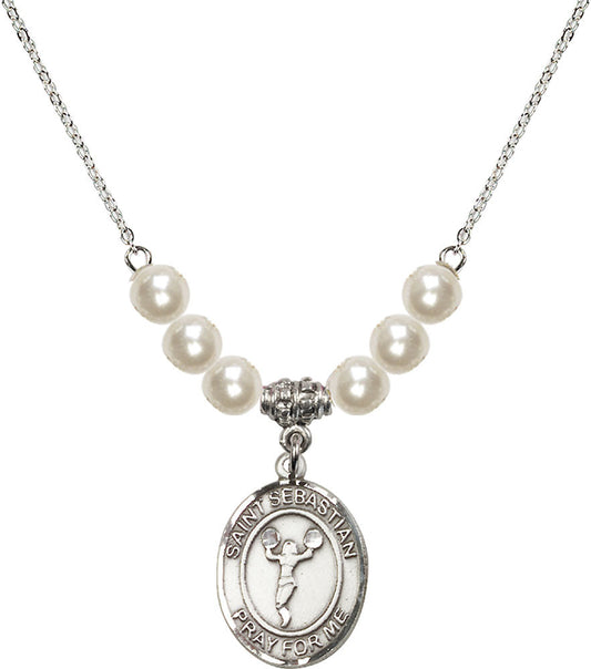 Sterling Silver Saint Sebastian/Cheerleading Birthstone Necklace with Faux-Pearl Beads - 8170
