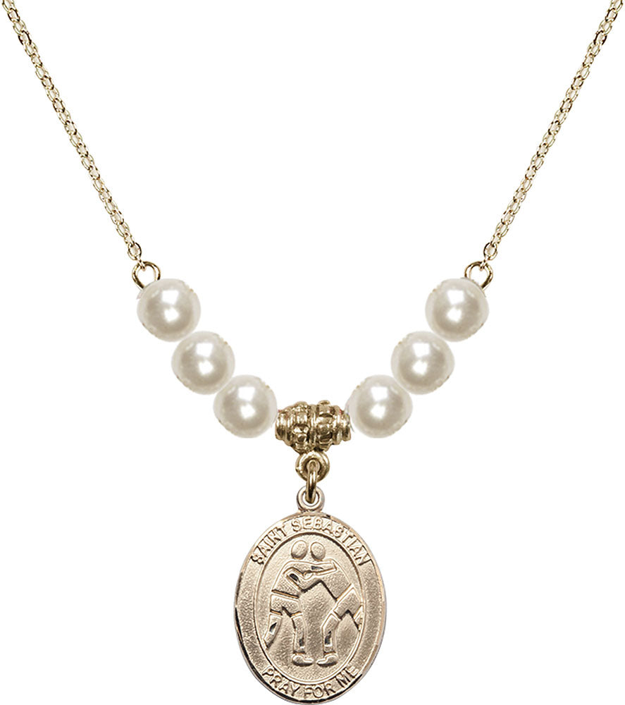 14kt Gold Filled Saint Sebastian/Wrestling Birthstone Necklace with Faux-Pearl Beads - 8171