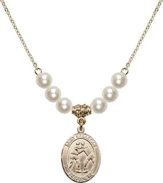 14kt Gold Filled Saint Sebastian/Wrestling Birthstone Necklace with Faux-Pearl Beads - 8171