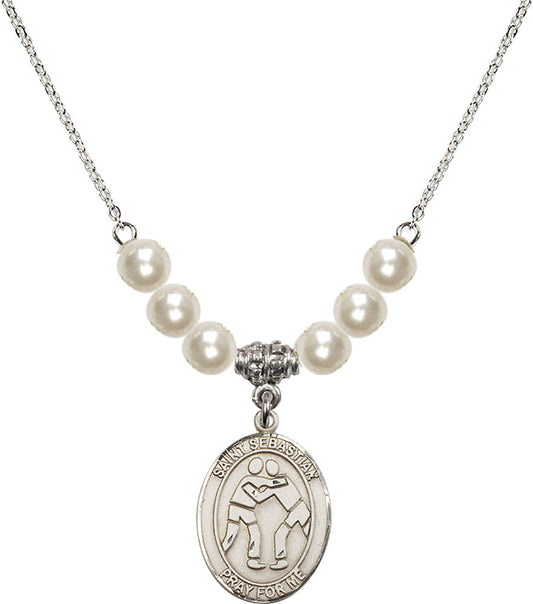 Sterling Silver Saint Sebastian/Wrestling Birthstone Necklace with Faux-Pearl Beads - 8171
