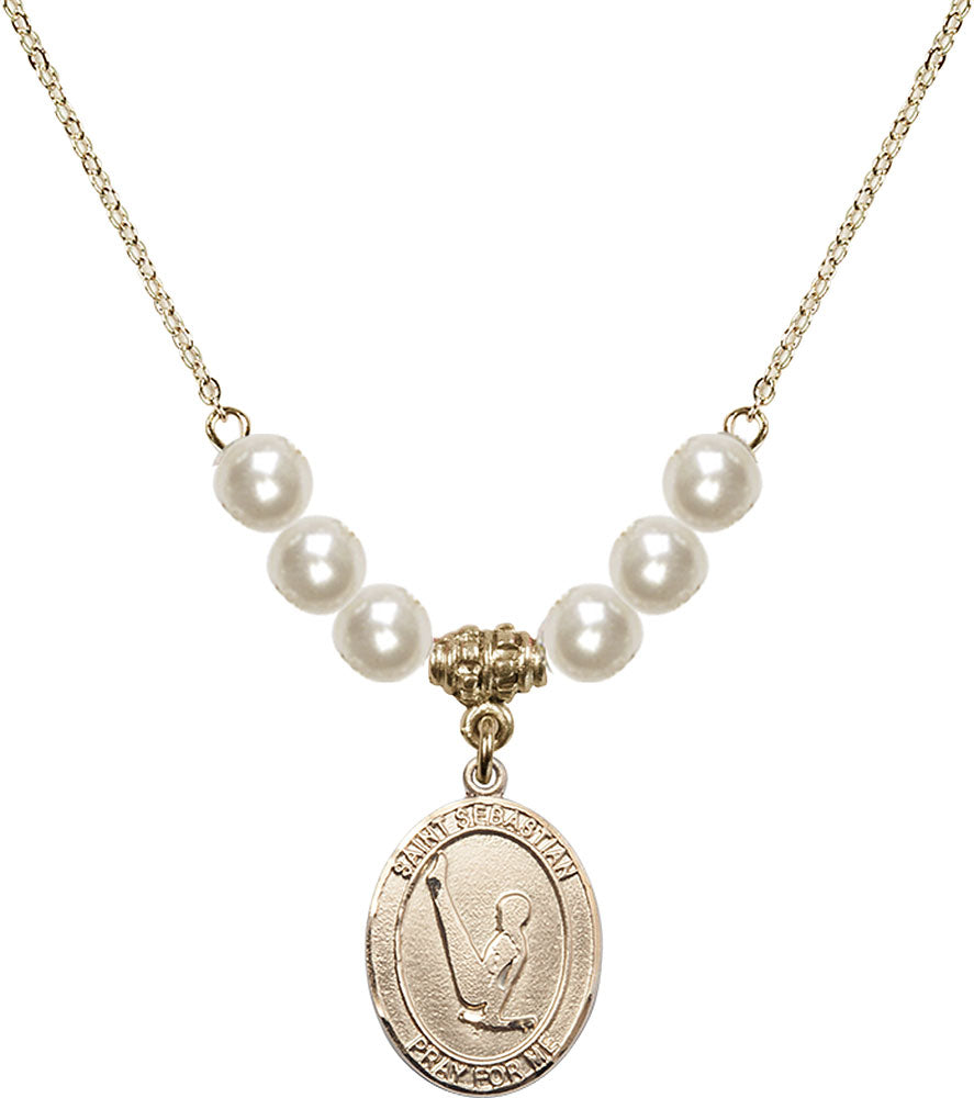 14kt Gold Filled Saint Sebastian/Gymnastics Birthstone Necklace with Faux-Pearl Beads - 8172